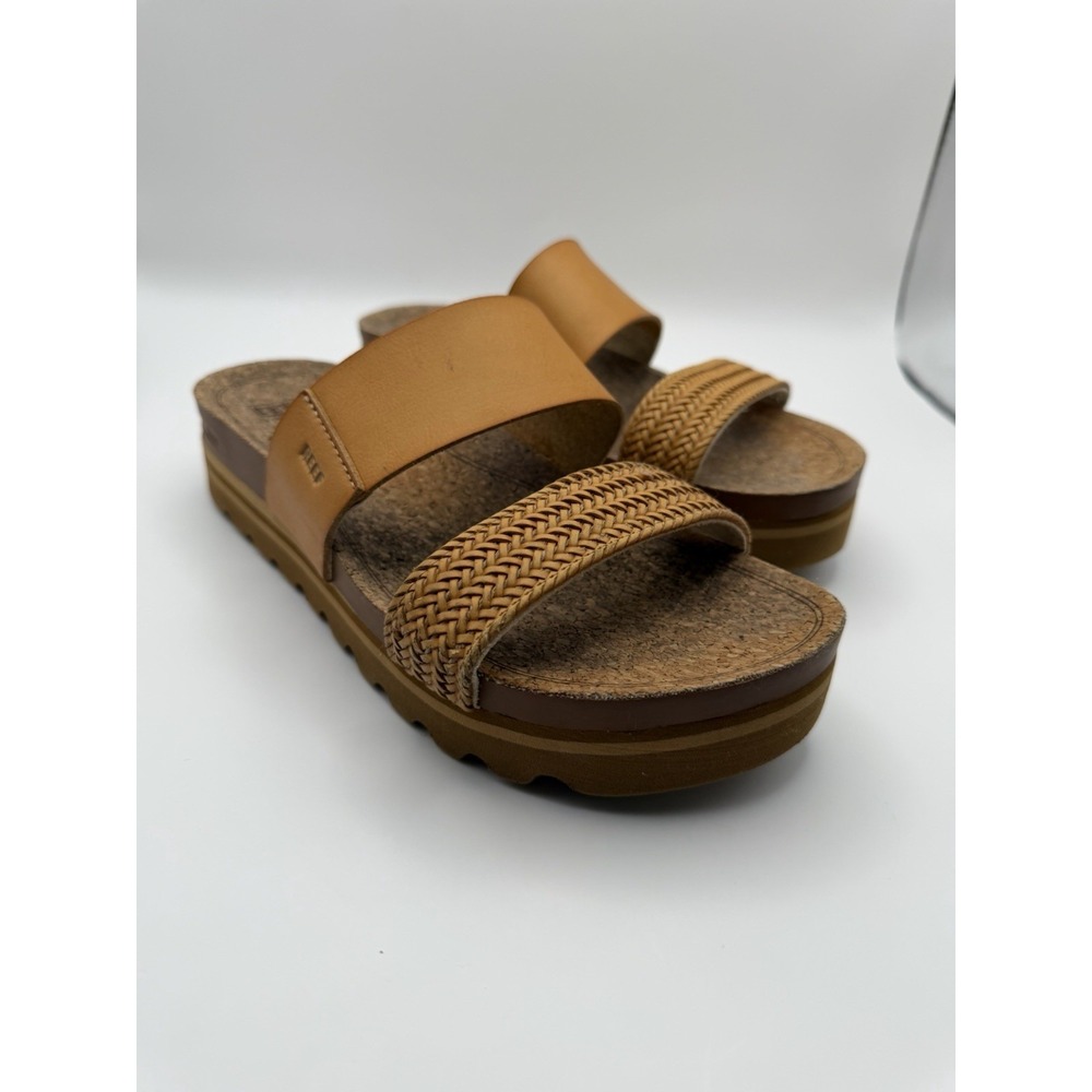 Reef Cushion Vista Hi Slide Sandals Tan Braided Vegan Leather Platform Sz 8